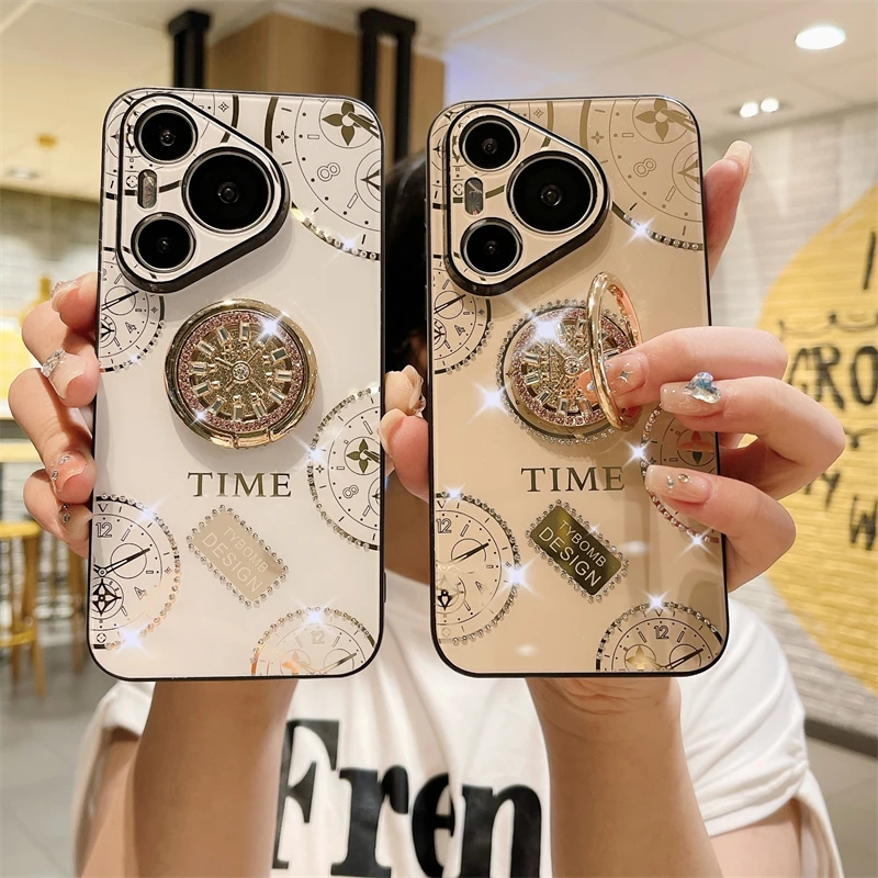 Luxury Shiny Watch Design Phone Case For Huawei Pura 70 Ultra P60 P50 P40 P60 Art Pura 70 Pro Diamond Clock Ring Holder Shell