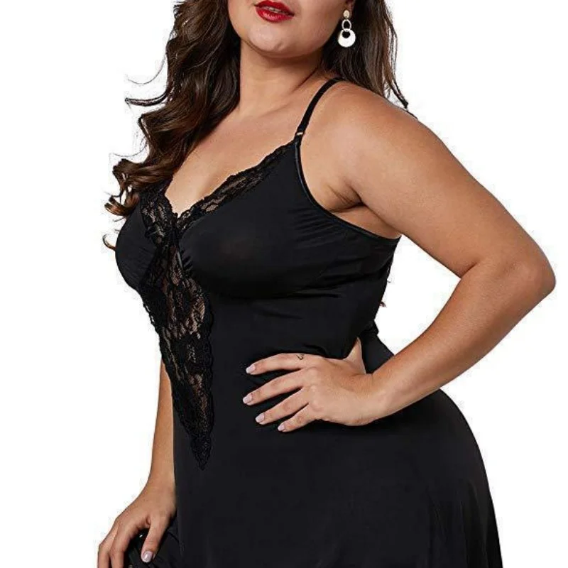 

Plus Size Ladies Pajamas Loose Sleeveless Suspenders Sexy Solid Color Sexy Nightwear Women Dress with V-Neck Lace Elastic