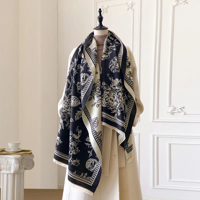 

New floral print imitation cashmere thickened women's scarf autumn winter floral animal outerwear elegant shawl for export