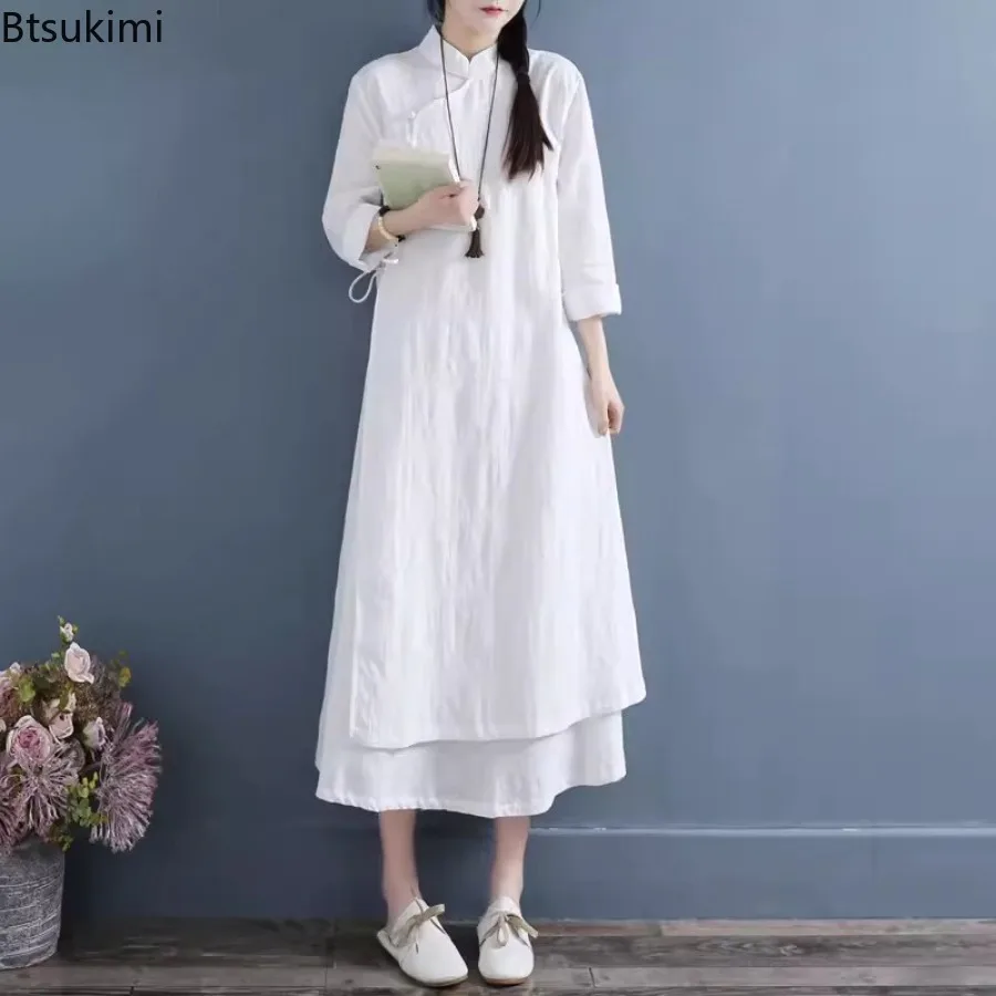 Spring New Chinese Style Dress for Women Fashion Vintage Stand Collar Long-sleeved Cotton Linen Long Skirts Female Elegant Hanfu