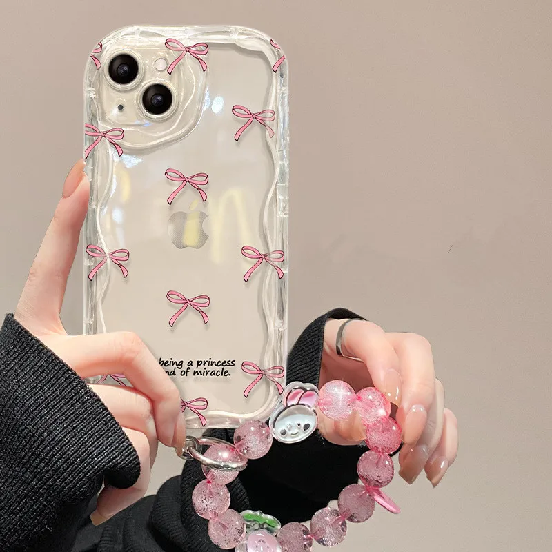 

New Women Apple 16 Phone Case iPhone 14/13 Pro Max Pink Bow Bracelet 11/12 Transparent Silicone