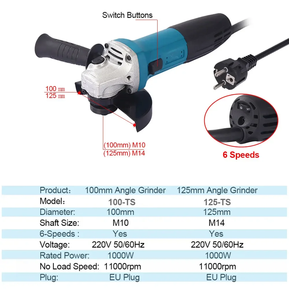 220v 6 Variable Speed Angle Grinder 100/125mm(4/5 inch) Wheels 11000RPM 1000w Cutting Grinding Polishing Power Tool