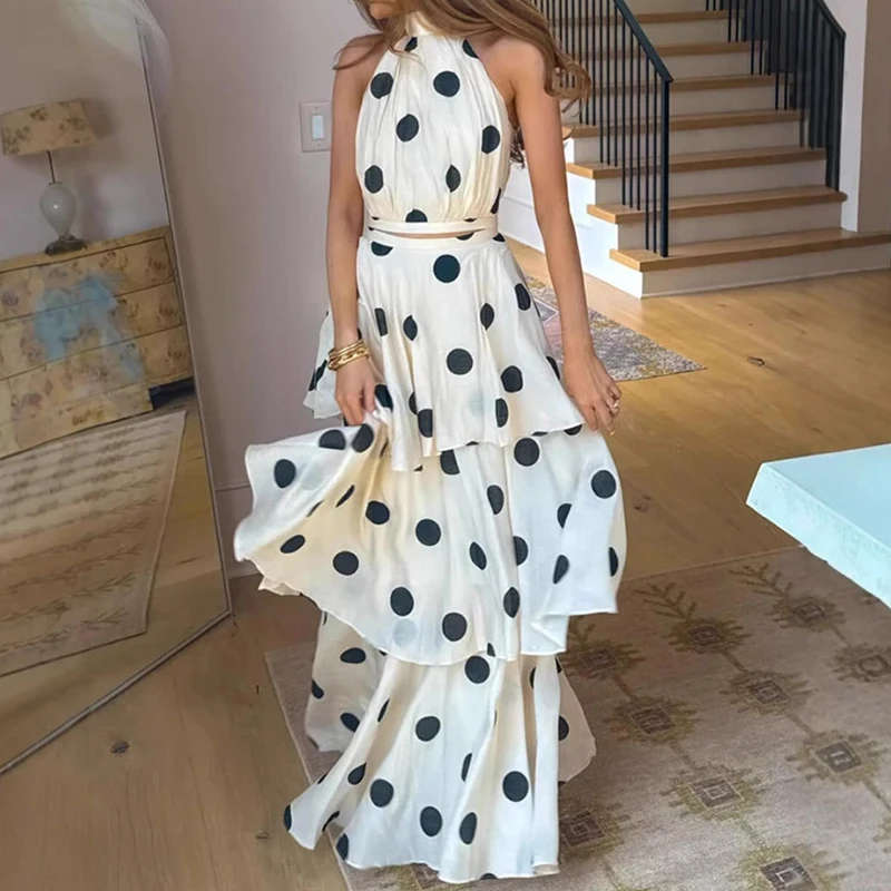 New Polka Dot Printed Halter Vest&Half Skirts Sets Fashion Casual Slim 2pc Elegant Lady Sleeveless Tops And Layered Skirts Sets