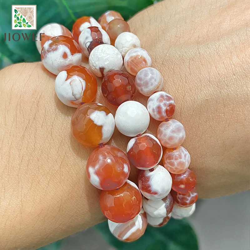 Natural Faceted White Red Frost Cracked Fire Carnelian Onyx Agates Round Beads 15\'\' Strand 6/8/10/12mm Diy Bracelet Accessories