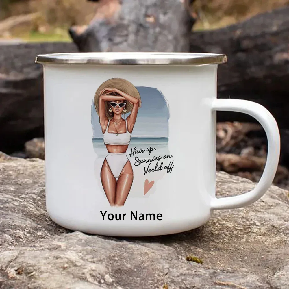 Personalized Customized Swimwear Beauty Enamel Mug Can Print Your Own Name Unique Gift Cup Dropshiping Custom Cups and Mugs Beer