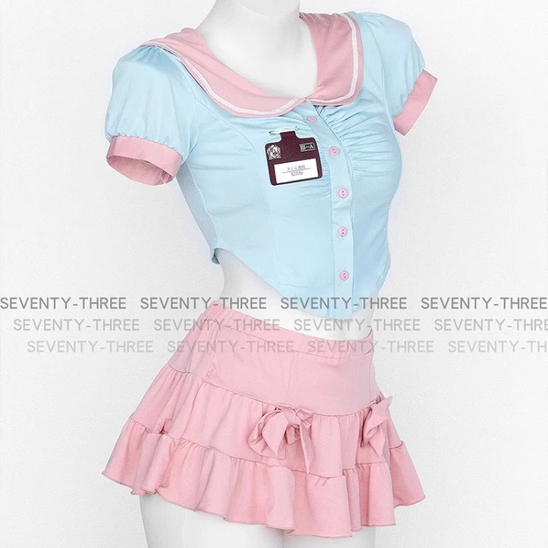 أنيمي الفتيات ماجيك القلب مثير تأثيري الأزرق القلب بلوزات قصيرة مجموعة تي شيرتات قصيرة للأطفال قصيرة الأكمام لوليتا الشارع الشهير هدايا لعب الأدوار للهالوين