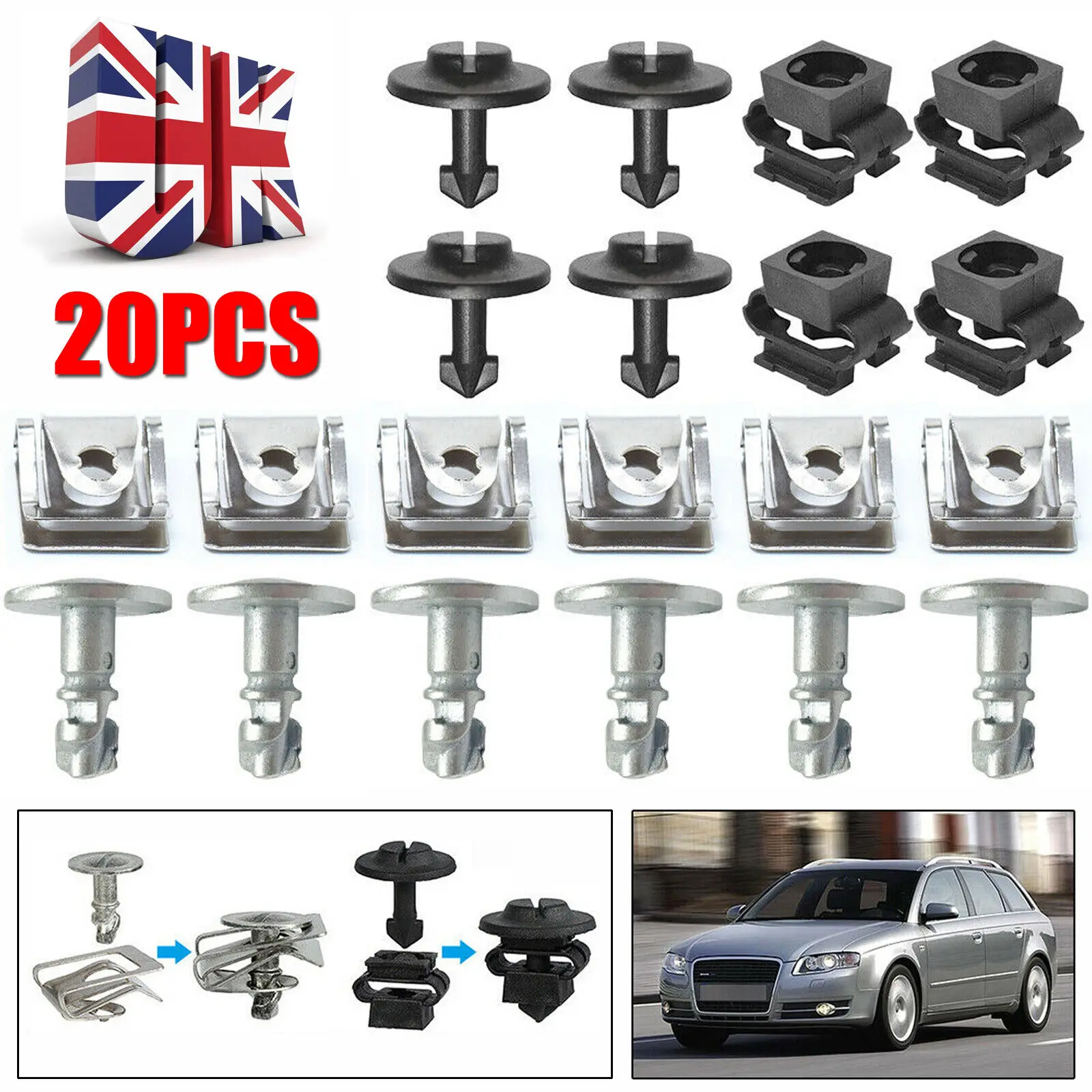 

20PC/Set Car Engine Under Cover Fixing Clips Screw Kit UK Engine Protection Screw Housing Nut For AUDI A4 A6 A8 TT Undertray