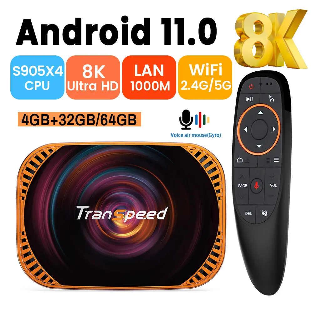 

ТВ-приставка Transpeed, Android 11, Amlogic S905X4, 2 Wi-Fi, 32 ГБ, 64 ГБ, BT4.0, 4K, 8K, 3D, 1000 м