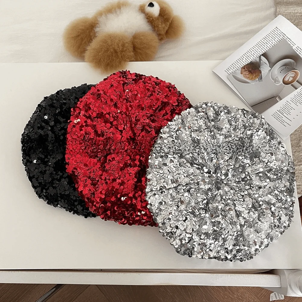 Fashion Retro Glitter Sequin Beret Sparkling Trendy Fashion Painter Hat Chic Design Casual Style Lady Octagonal Cap Daily