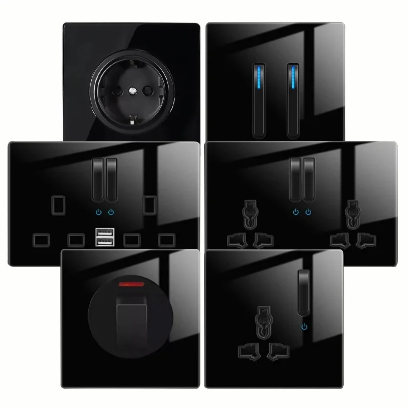 

Black tempered glass international switch self-resetting Led indicator piano key wall lamp panel EU UK universal power outlet