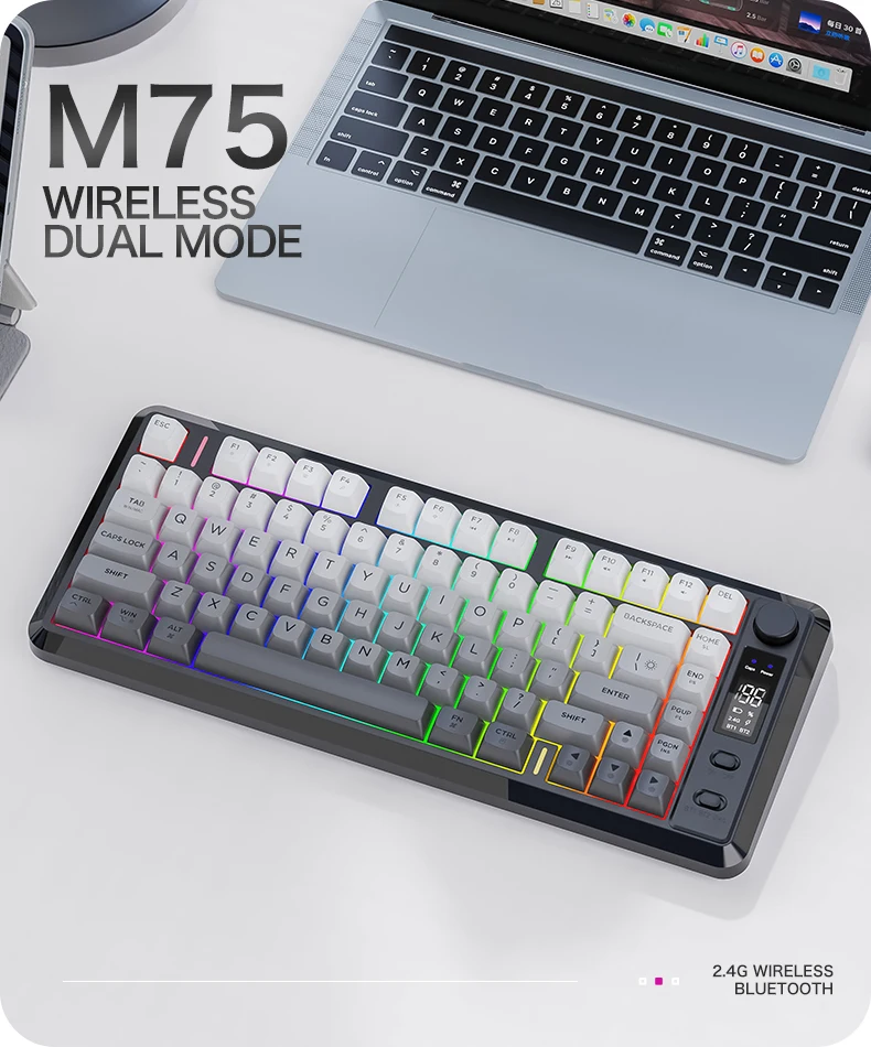 

Беспроводная игровая клавиатура FREEWOLF M75 с двумя режимами подключения (2.4G и Bluetooth), 82 клавиши, RGB-подсветка, PBT-кейкапы, дисплей, регулятор, для ПК и Mac