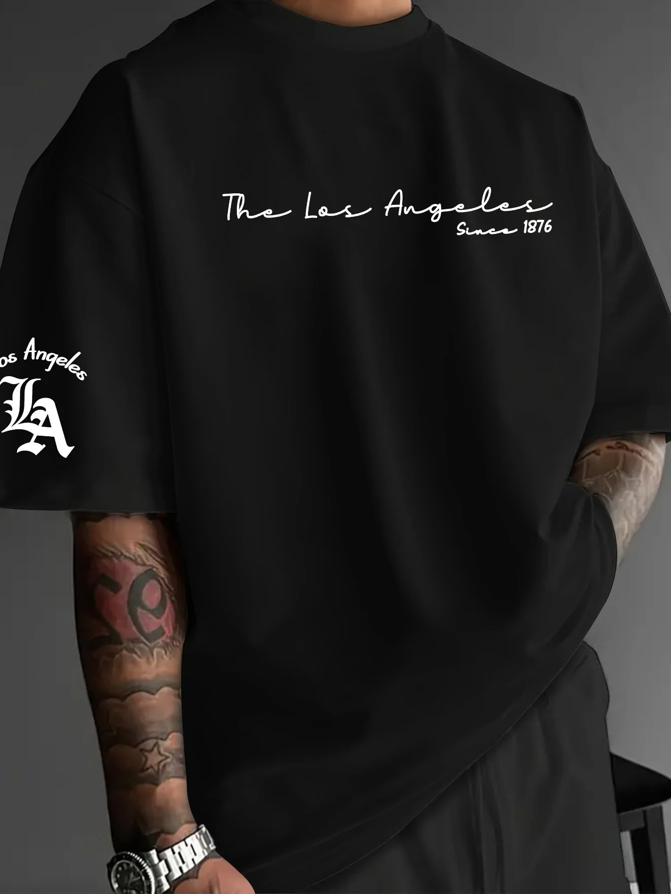 American men's summer retro 1876 Los Angeles letter print micro elastic breathable round neck T-shirt outdoor casual top