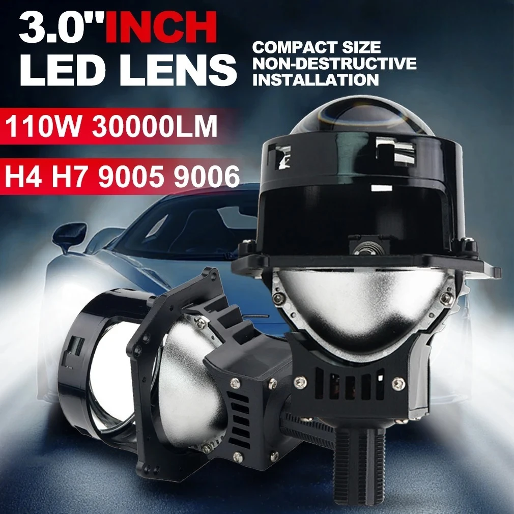 

A3+ 3 Inch Bi LED Projector Headlight with Halo 130W High Power Sharp Cutoff Dual Beam Plug and Play H4 H7 Car LED Retrofit