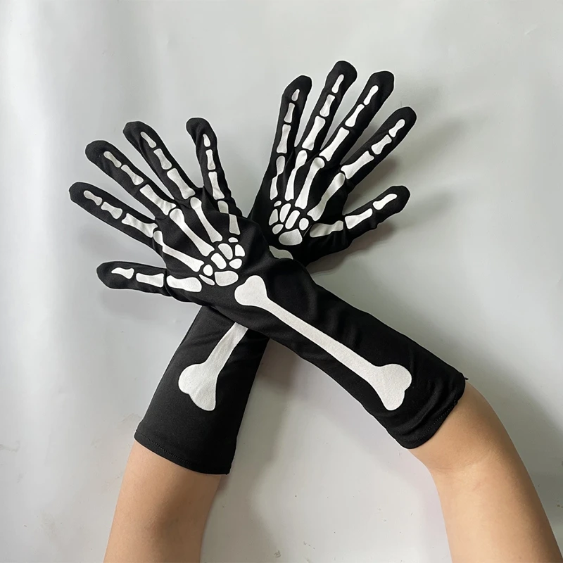 Halloween Black Skeleton Gloves Adult Long Full Finger Gloves Cosplay Party Festival Performance Costume Accessories
