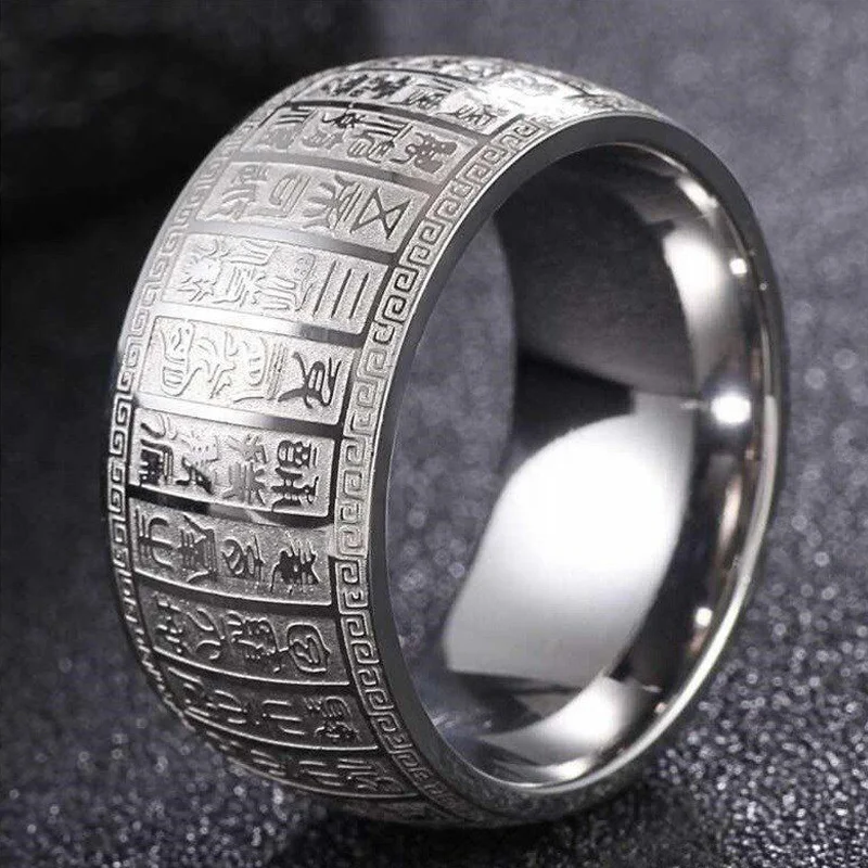 Men\'s Wide Supernatural Thumb Signet Ring Carved Ancient Chinese Buddha Scripture Rings For Men Solomon Taoism Metallica Ring