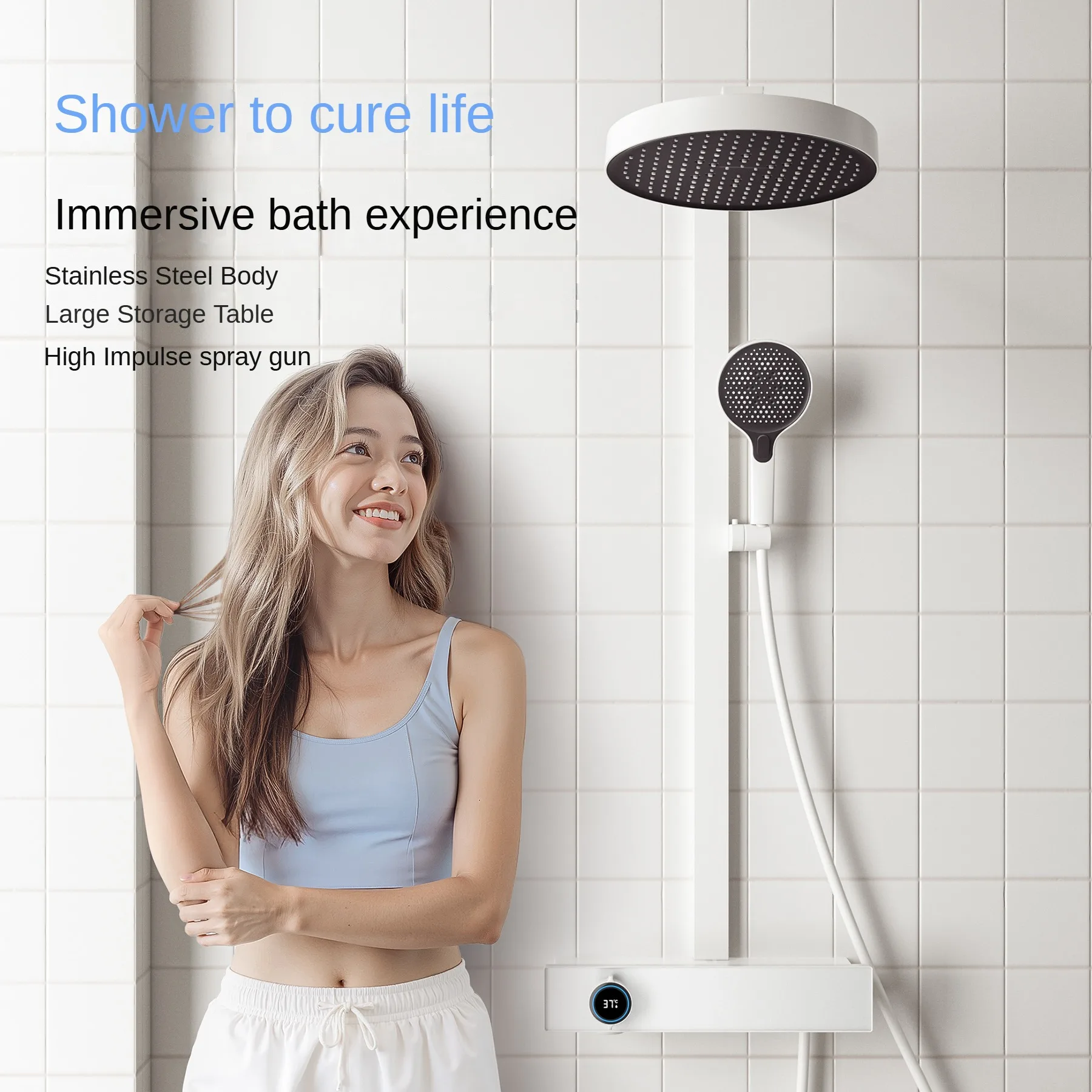 Polished Piano 4-Function Square Shower Faucet Set Hot Cold Water Mixer Digital Display Temperature Massage Jet for Apartment