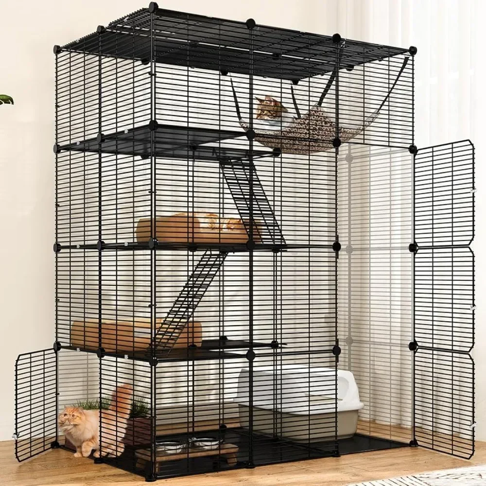 Cats Large House Cage Crate 4 Tier Cat Cage Large With Hammock Outdoor Cat Enclosure Catio Metal Kennels for 1-3 Cats Dog Corral