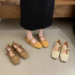 SUOJIALUN 2024 Spring New Women Flat Shoes Fashion Weave Square Toe Ladies Mary Jane Shoes Soft Flat Heel Dress Ballerinas Shoes