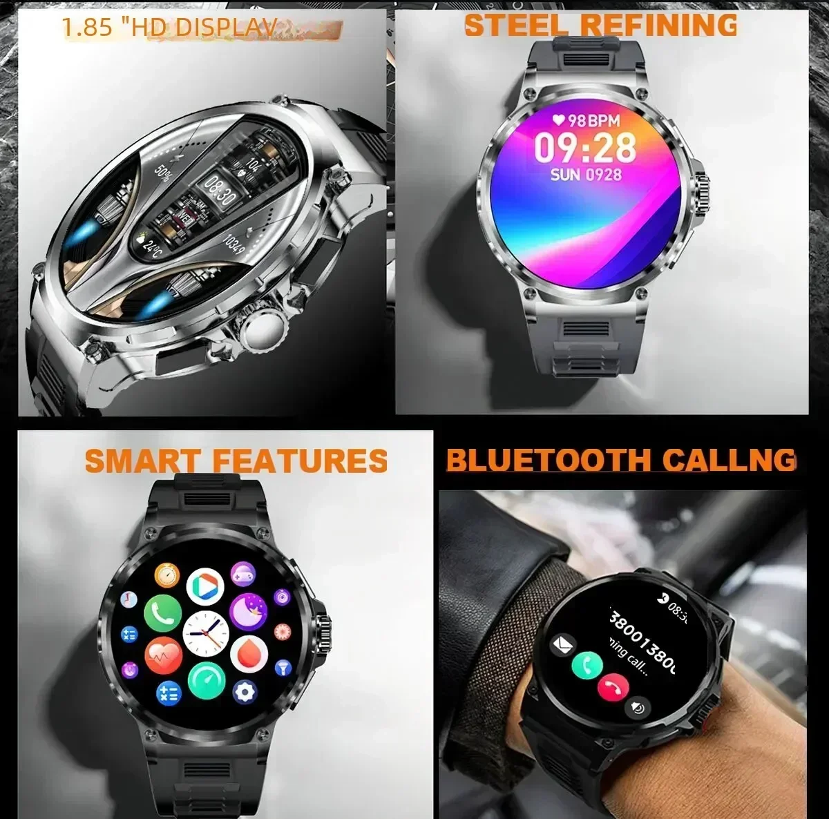 2024 New Mens smartwatch HD Bluetooth Talk 1.85 