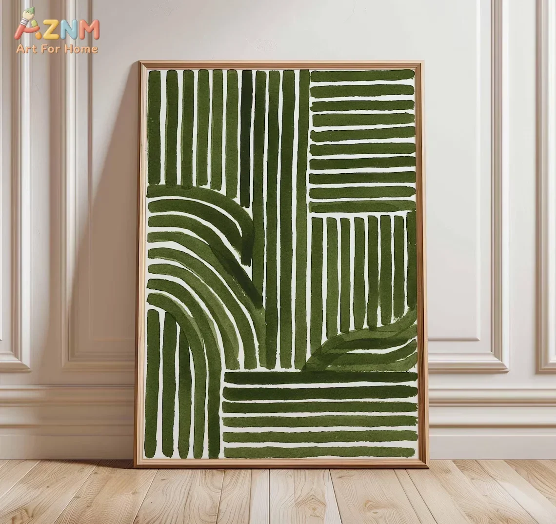 AZNM Green Geometric Line Canvas Wall Art Hand Drawn Striped Curve Abstract Minimalist Boho Home Living Room Decor Poster Unfram