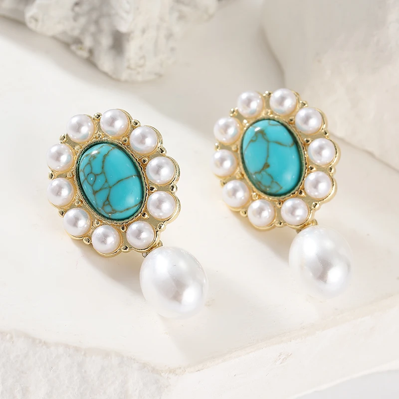 Women Elegant Synthetic Pearl Drop Dangle Earrings Vintage Style Inlay Turquoise Golden Color Earrings Trend Jewelry