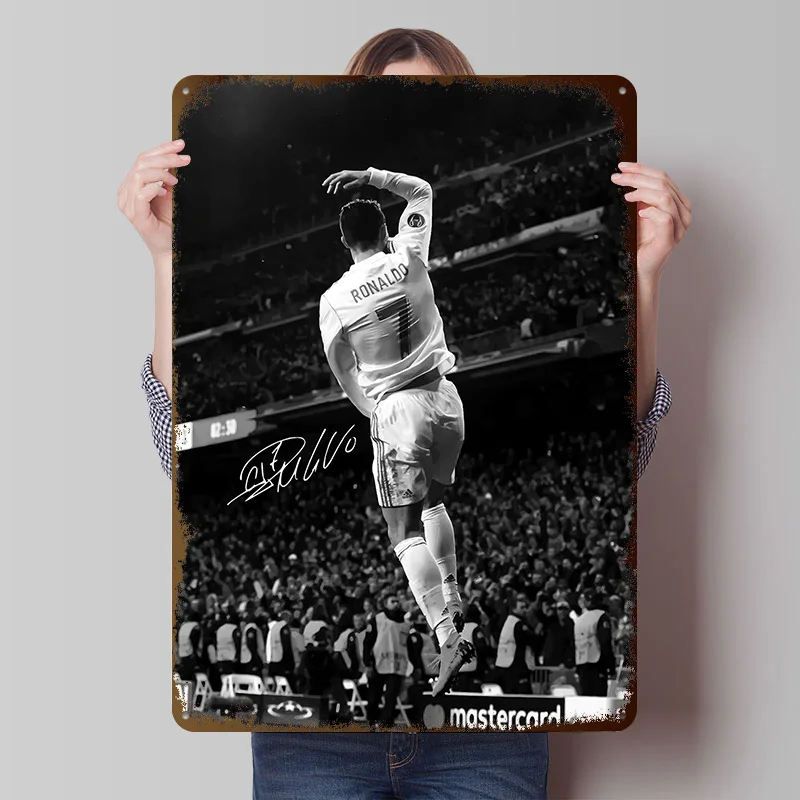 Messi Soccer Ronaldo Poster Customized Wall Art Vintage Metal Signs Retro Tin Plaque for Man Cave Home Decor Living Room House