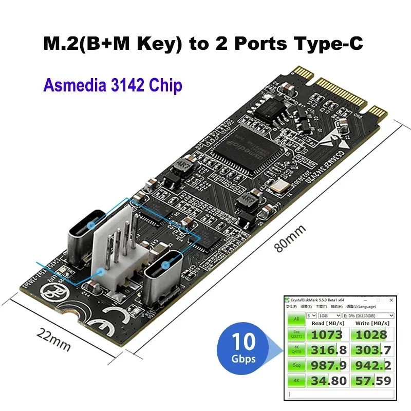 

IOCREST Asm3142 M.2 to 2 Ports Type-c Host Controller Card USB 3.2 Gen2 10 Gbps USB C M.2 22x60 B Key M Key Data Transfer Riser