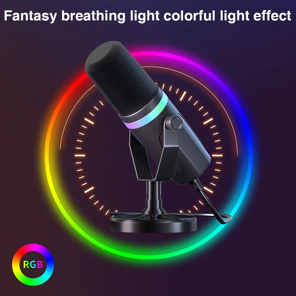 USB XLR Dynamic Gaming Microphone RGB Dynamic Computer Microphone for Studio Recording Streaming Content Creation