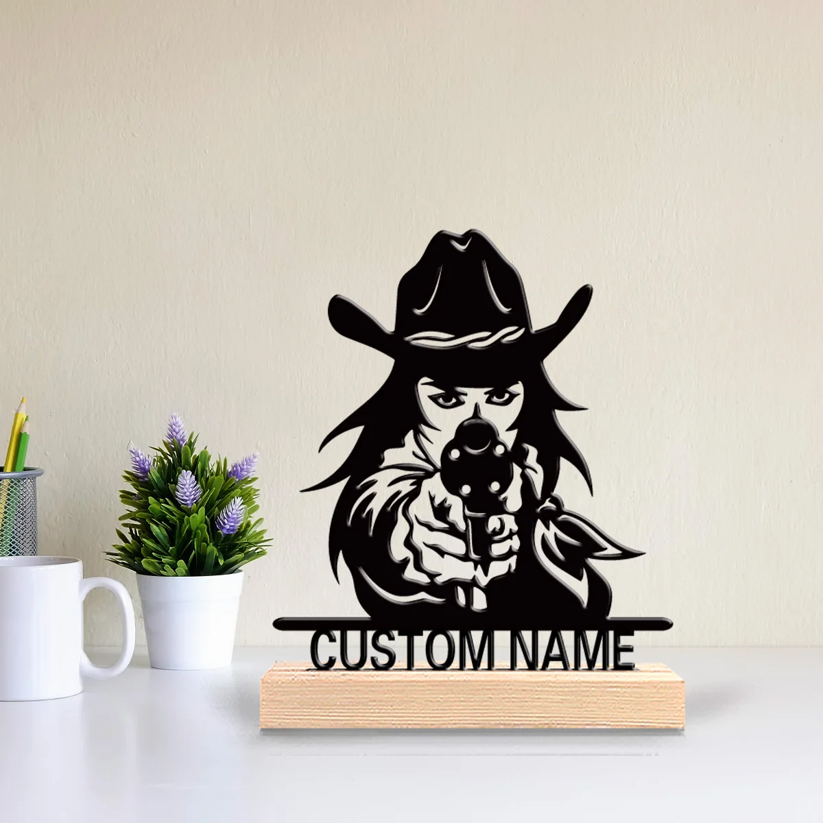 1pc Simple Gunslinger Customizable Name Metal Statue Iron Crafts With Wood Base Metal Sculpture With Wood Base For Girl Gifts