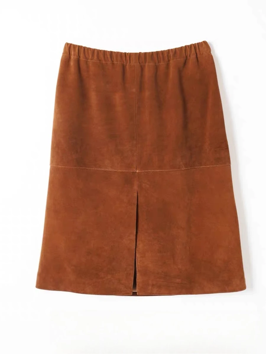 Genuine  Suede Real Leather Pencil Skirt Slit In Back Soft Lambskin Midi Skirt with Knee Length Women Deep Coffee Elastic Waist
