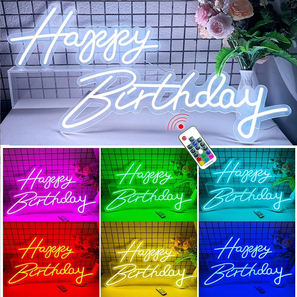 Happy Birthday 30 Inches LED Neon Lighted Sign Transparent Acrylic Base Neon Sign for Birthday Backdrop Decor Party Favors