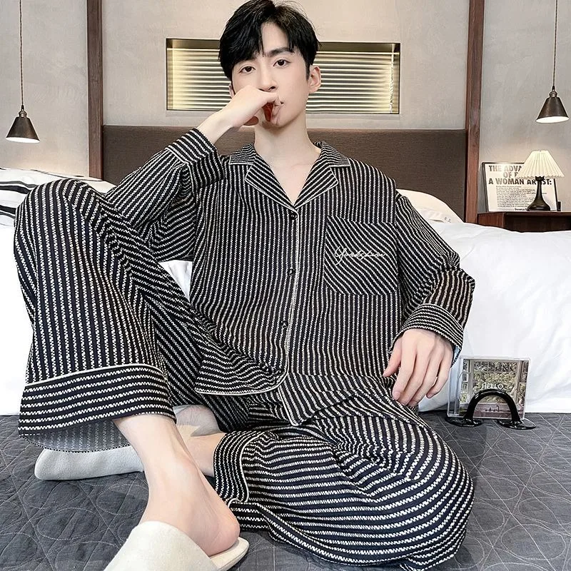 Pajamas Men's Woven Cotton Fabric Bubble Cotton Sleepwear Spring Autumn Summer Loungewear Thin Long Sleeved Home Clothing Set