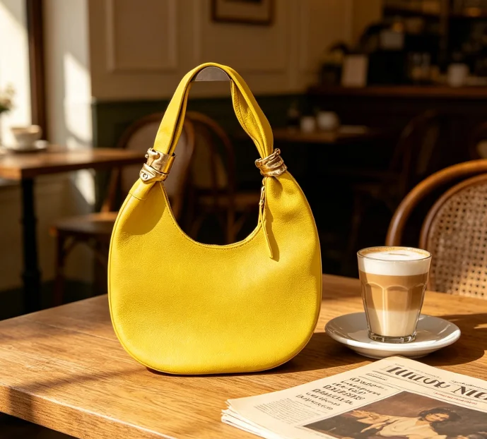 2026 New Fashion Women Black Grained Leather Face Hardware Chic Trend High End Shoulder Bag Dumpling Bag Half Moon Handbag