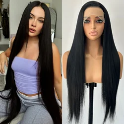 Jet Black Long Silky Straight Lace Front Wig Free Part Natural Long Black Heat Resistant Fiber Wigs for Women Daily Party
