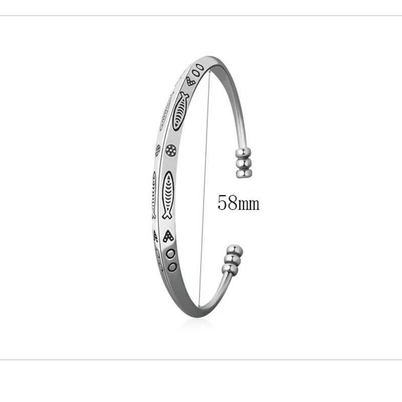 Retro 925 Silver Plated Open Cuff Bracelet For Women Men Handmade Fish Pattern Bangle Adjustable Jewelry Accessories