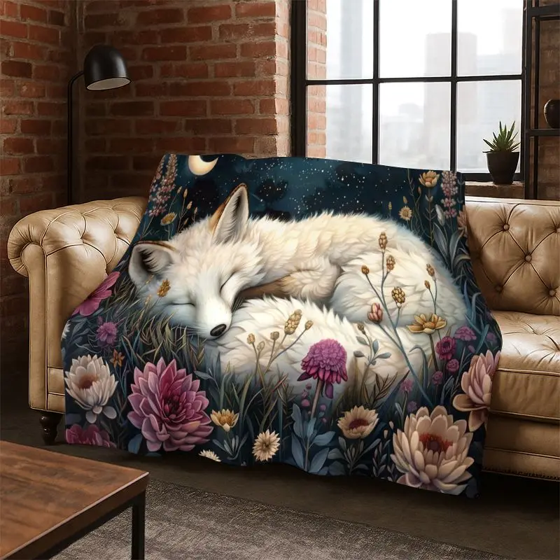 Fairy Tale Fox Cartoon Flannel Blanket Soft Warm Throw Blanket for Bedroom Living Room Bed Travel Camping Picnic Gift kids