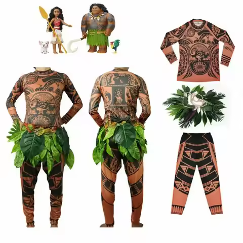 Moana Maui Tattoo T-shirt/Broek Halloween Adult Mens Vrouwen Cosplay Kostuums Met Bladeren Decor Blattern Halloween Cosplay