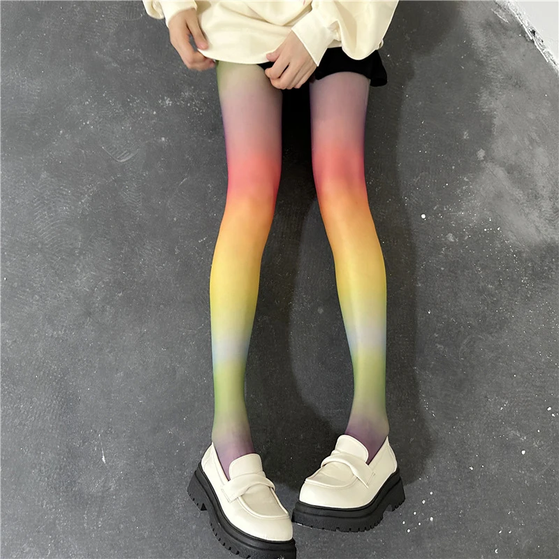 Lolita Women's Stockings Rainbow Gradient Pantyhose Sweet Girl Candy Color Y2K Thin Leggings Tights Festival Party Dance Socks
