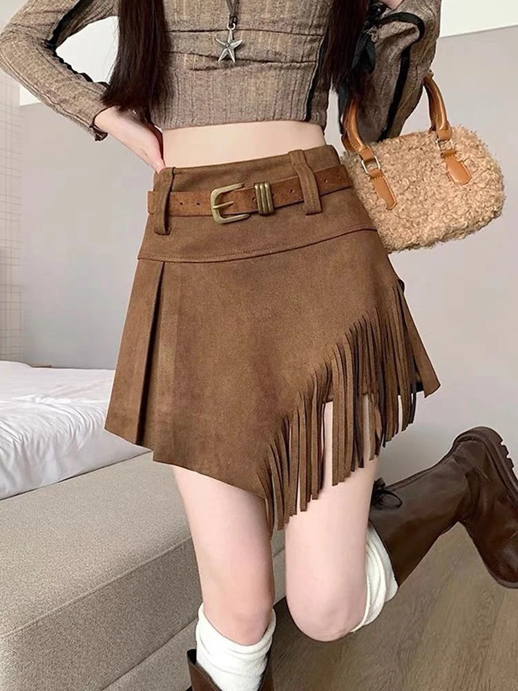 Irregular Tassel Mini Skirt Women Vintage Streetwear High Waist Hottie Skirts Belt Asymmetry Harajuku Vintage Female Short Skirt