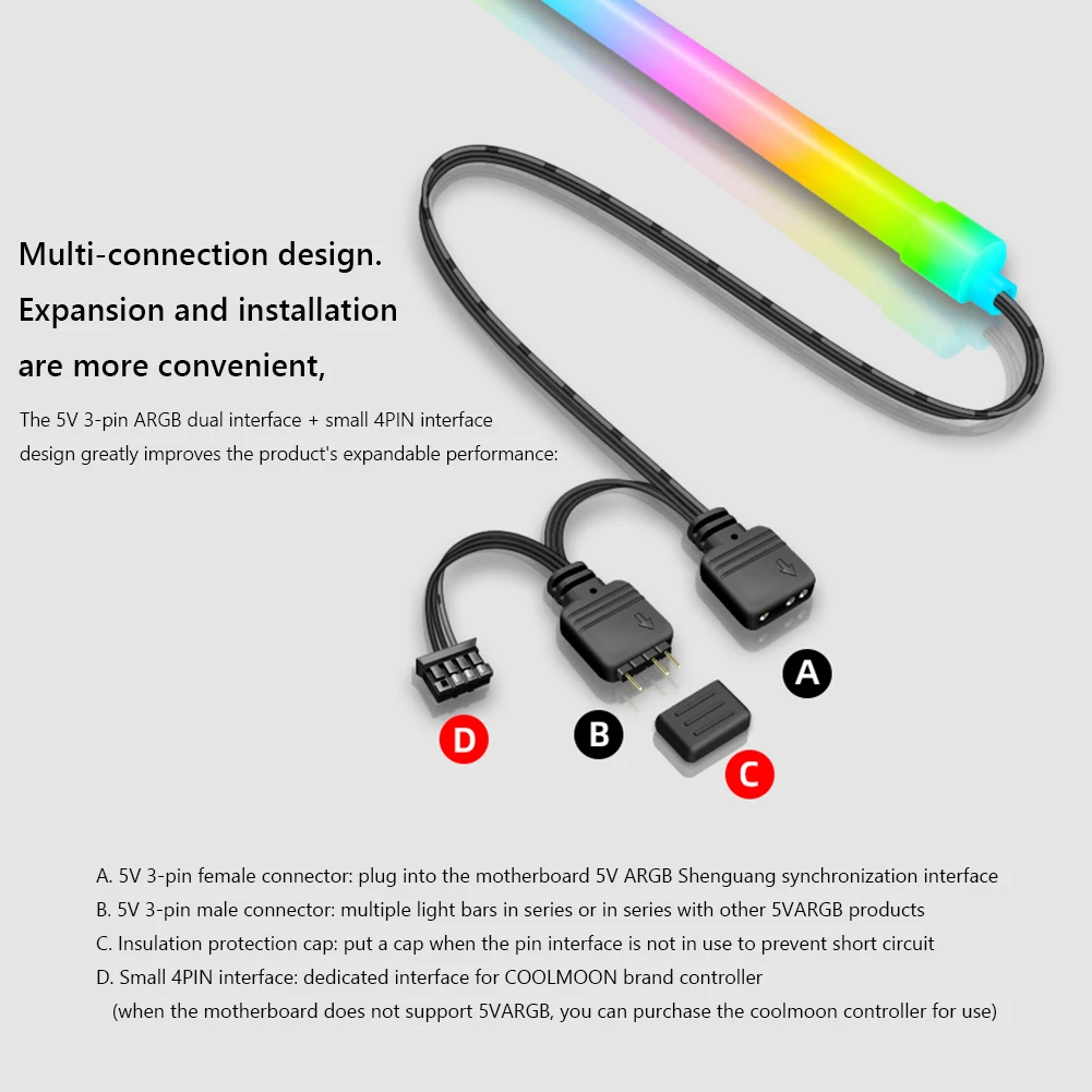 COOLMOON Y360 F300 30cm Silicone ARGB PC Case LED Light Bar 5V 3PIN 2+4PIN Desktop Lamp Strip Motherboard Decoration Accessory