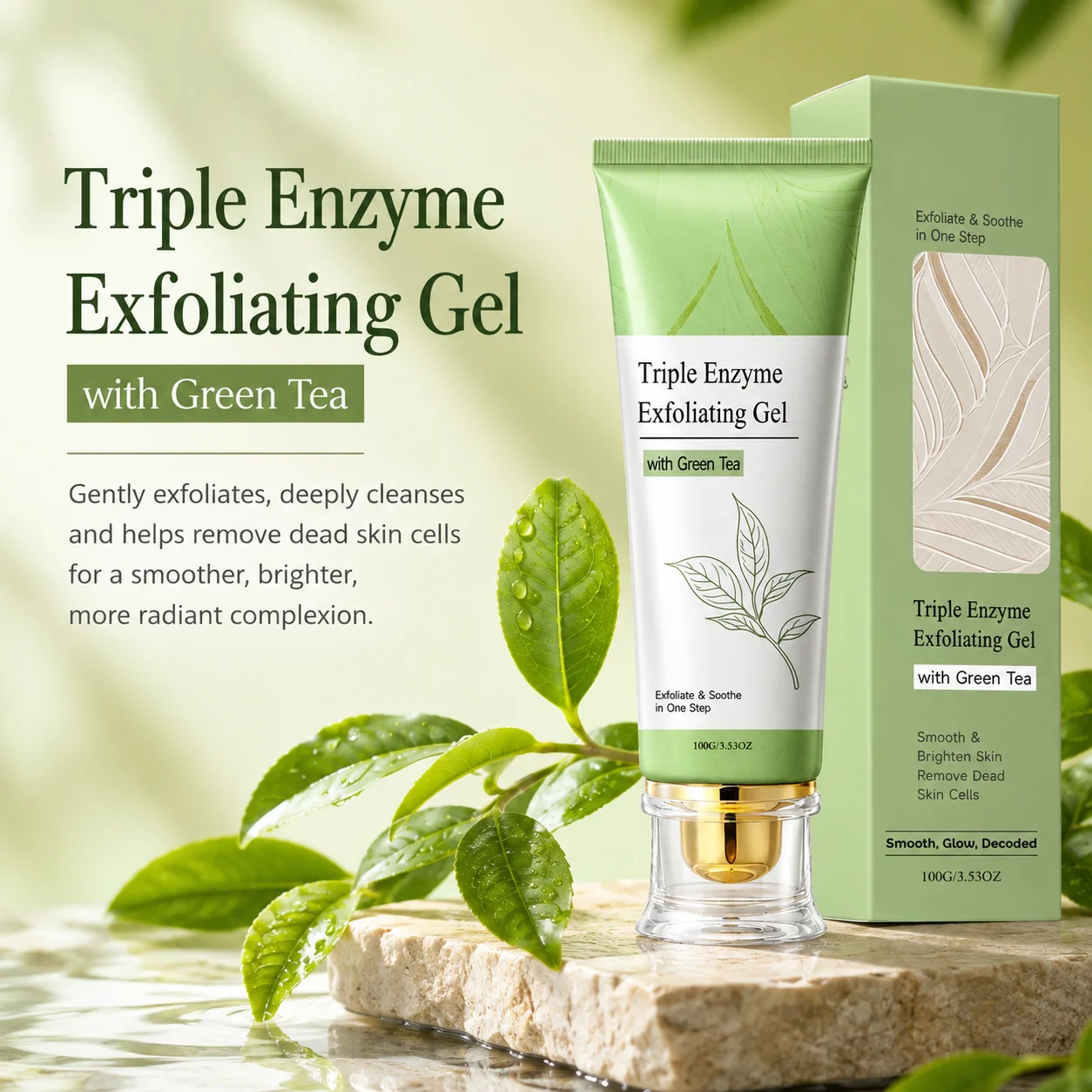 Triple Enzyme Green Tea Exfoliating Peeling Gel: Deep Pore Face Exfoliant Face Scrub Remove Dead Skin Reveal Radiant Skin