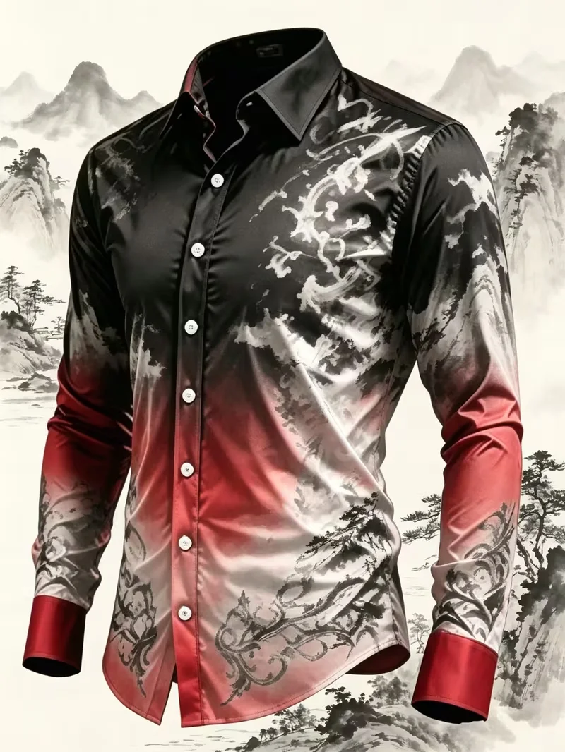 New Phoenix Flower Long Sleeve Shirt with Deep Blue Bottom, Retro Flower and Bird, Men's 3D Printed Casual Shirt