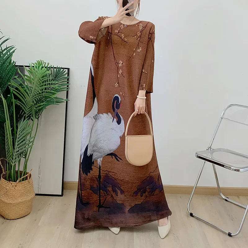 

Pleats Pleated Dresses Cranes Printed Foreign Trade Womens Long Robe Dresses Women's Large Size Long Dresses Gradient Long Skirt