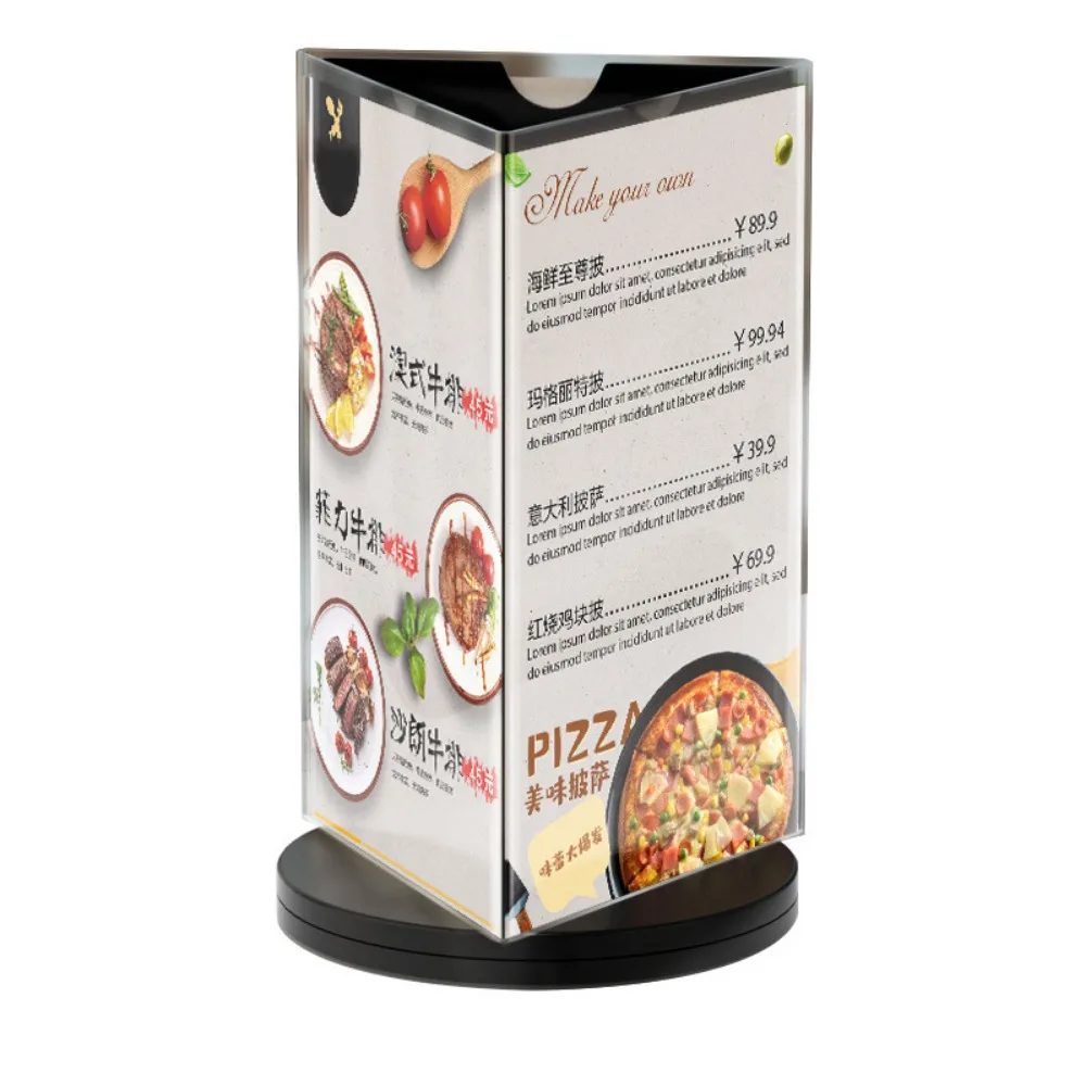 

360 Degree Rotating Menu Sign Holder Three Side Smooth swivel Acrylic Table Number Holder Waterproof Reusable