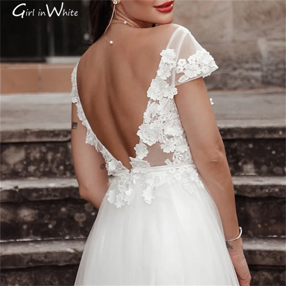 Modern A Line Wedding Dress For Women 2023 V Neck Flowers Appliques Bride Dress Backless Bridal Gown vestidos de novia שמלת כלה