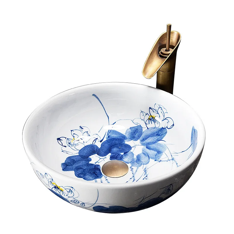 

Chinese style countertop blue and white ceramic wash basin retro art wash basin bathroom