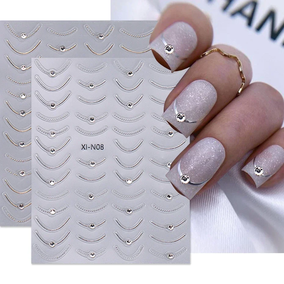 3D Metallic French Stripe Line Nail Sticker Crystal Rhinestone Gold Silver Smile Line Simple Slider DIY Manicure Art Accessories