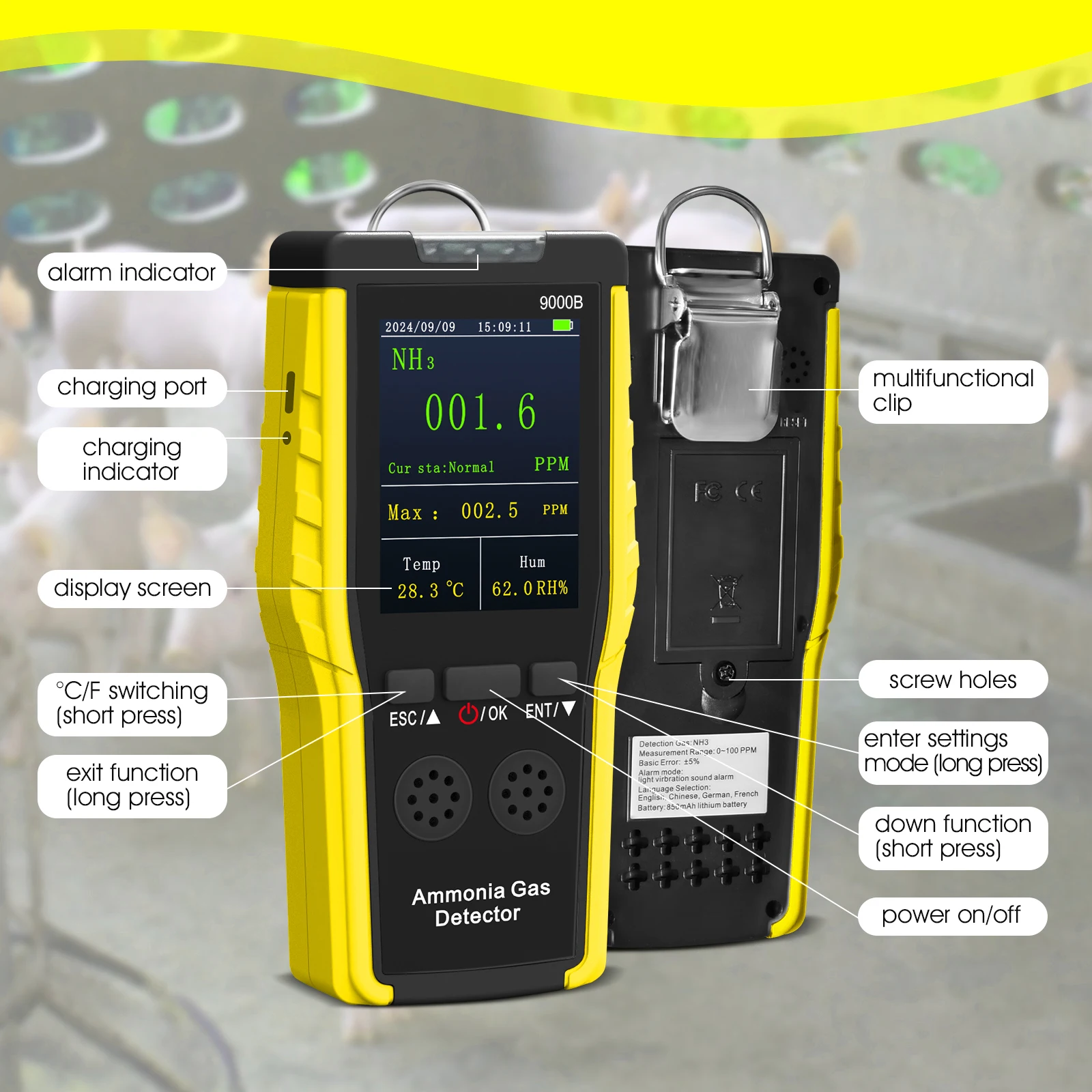 HOLDPEAK Portable Ammonia Gas Detector, 0-100ppm Rechargeable NH3 Analyzer with LCD Screen, Dual Alarm, Temp & Humidity Display