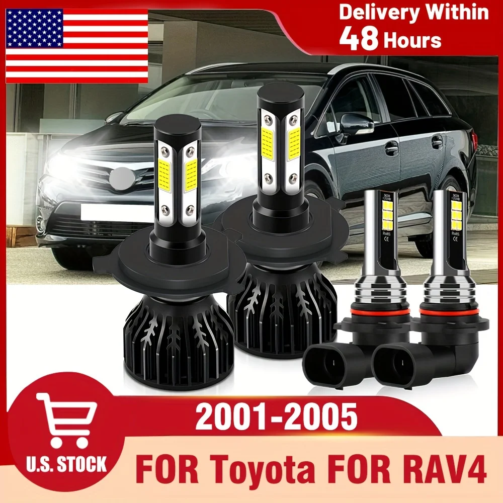 LED Headlight+Fog Light Bulbs Combo, 9003/H4+9006/HB4 Fit For Toyota For RAV4 2001 2002 2003 2004 2005, 4-sided COB Chip 24000LM 