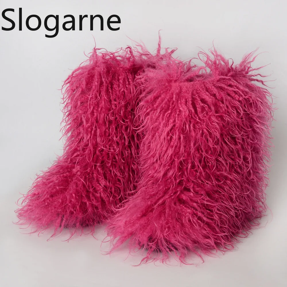 Ladies Trendy Mongolian Fur Boots Women Fahsion Teddy Fur Snow Boots Fluffy Warm Faux Wool Y2K Winter Shoes Plush Warm Footwear